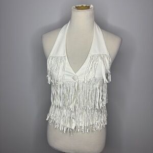 Nylon Apparel - White Sparkle Fringe Button Front Western Halter Top